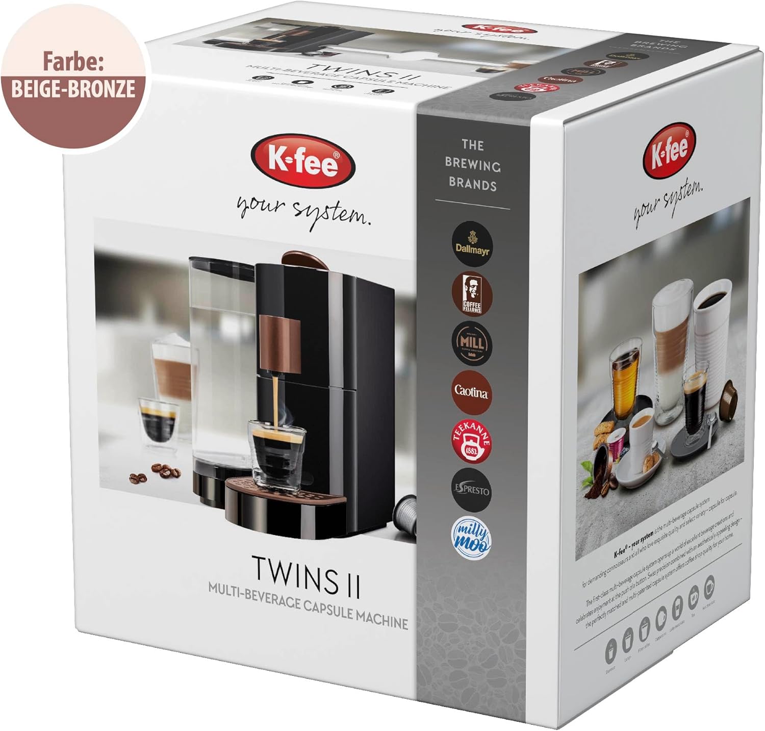 K-FEE TWINS II Kapselmaschine | kompatibel ALDI EXPRESSI* Kapseln | Kaffeemaschinen für Kaffee, Tee & Kakao | 2,3L Wassertank | Beige-Bronze