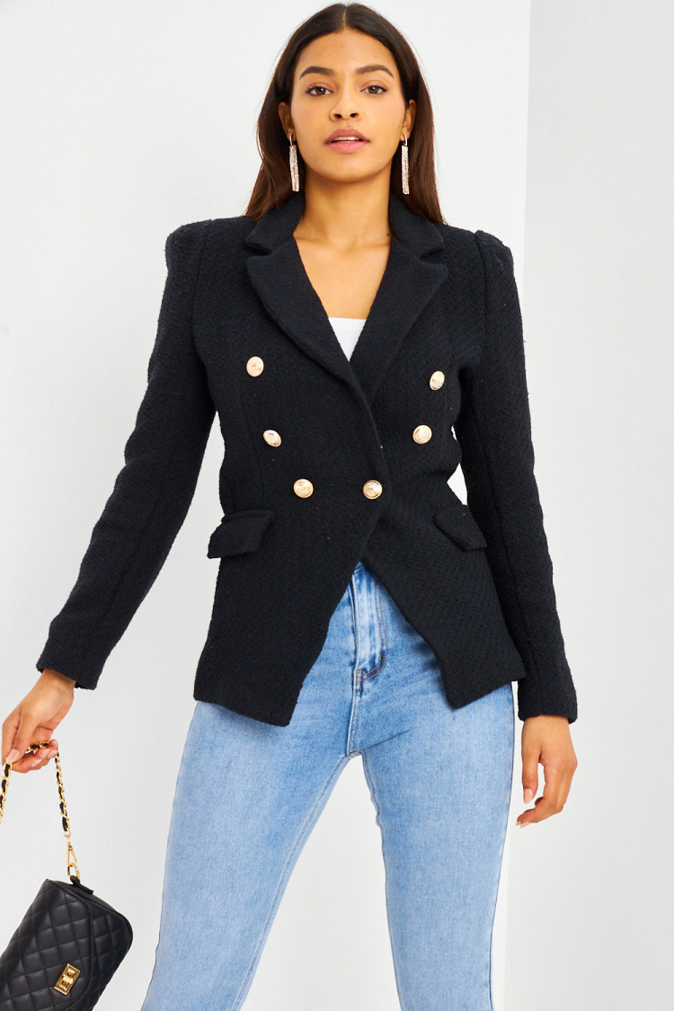 Blazer noir aspect tweed boutons perles