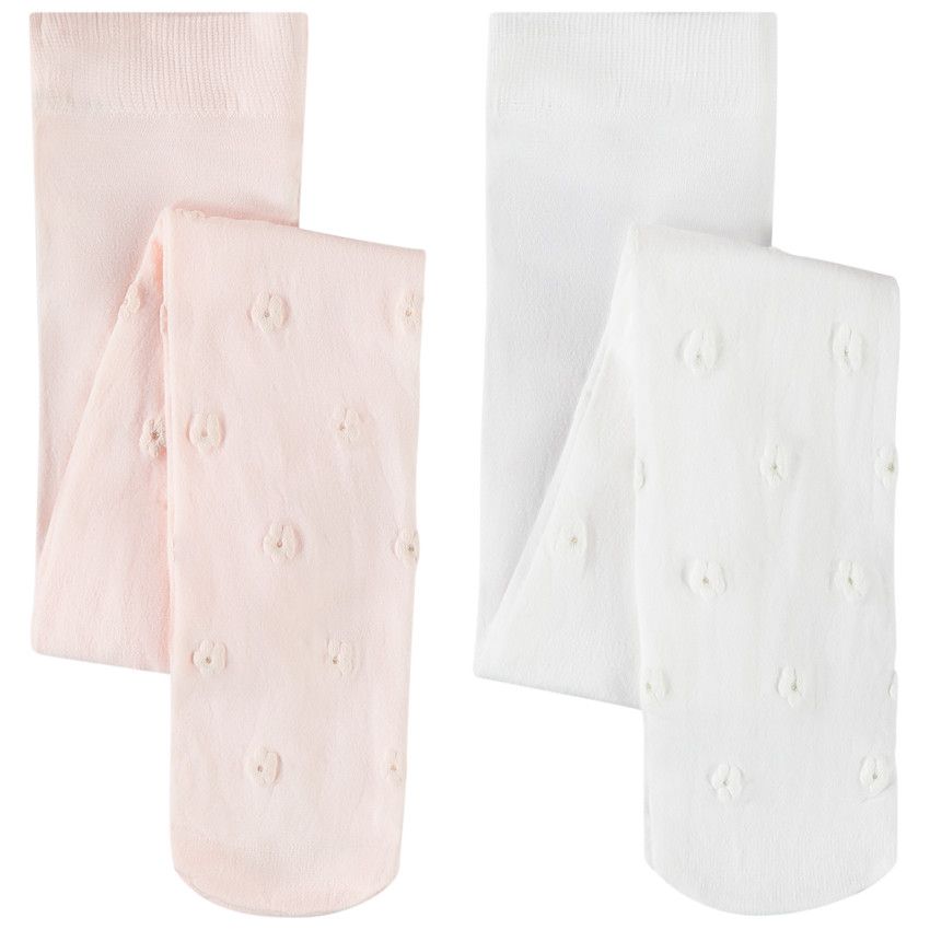 Lot de 2 collants fins avec motif fleuri en relief pour bébé fille - Blanc