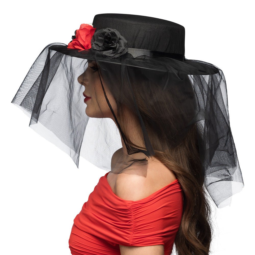 Halloween Hoed Zwart Rood Bloemen
