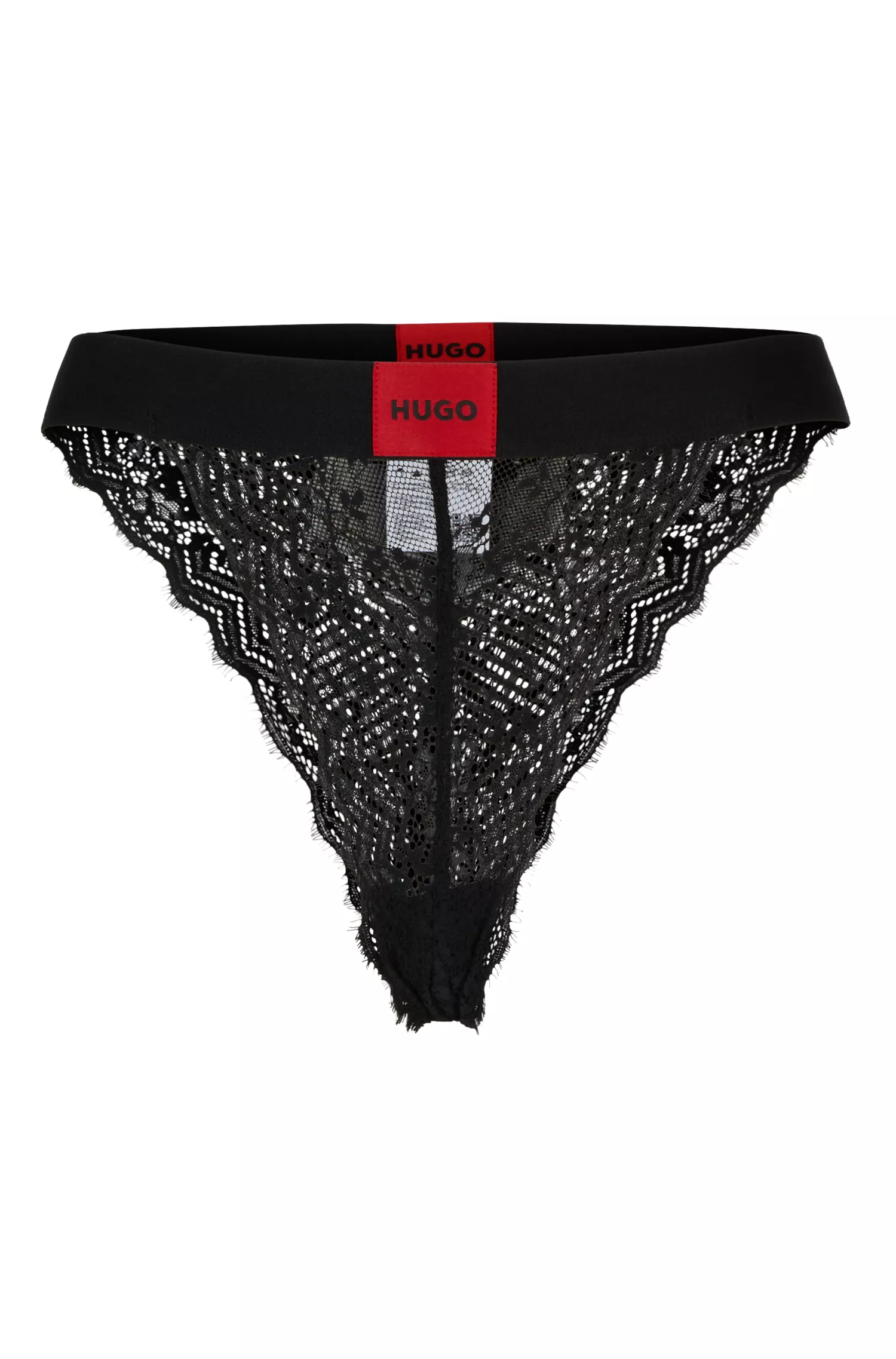 Cueca HUGO vermelha em renda geométrica com etiqueta vermelha com o logotipo.