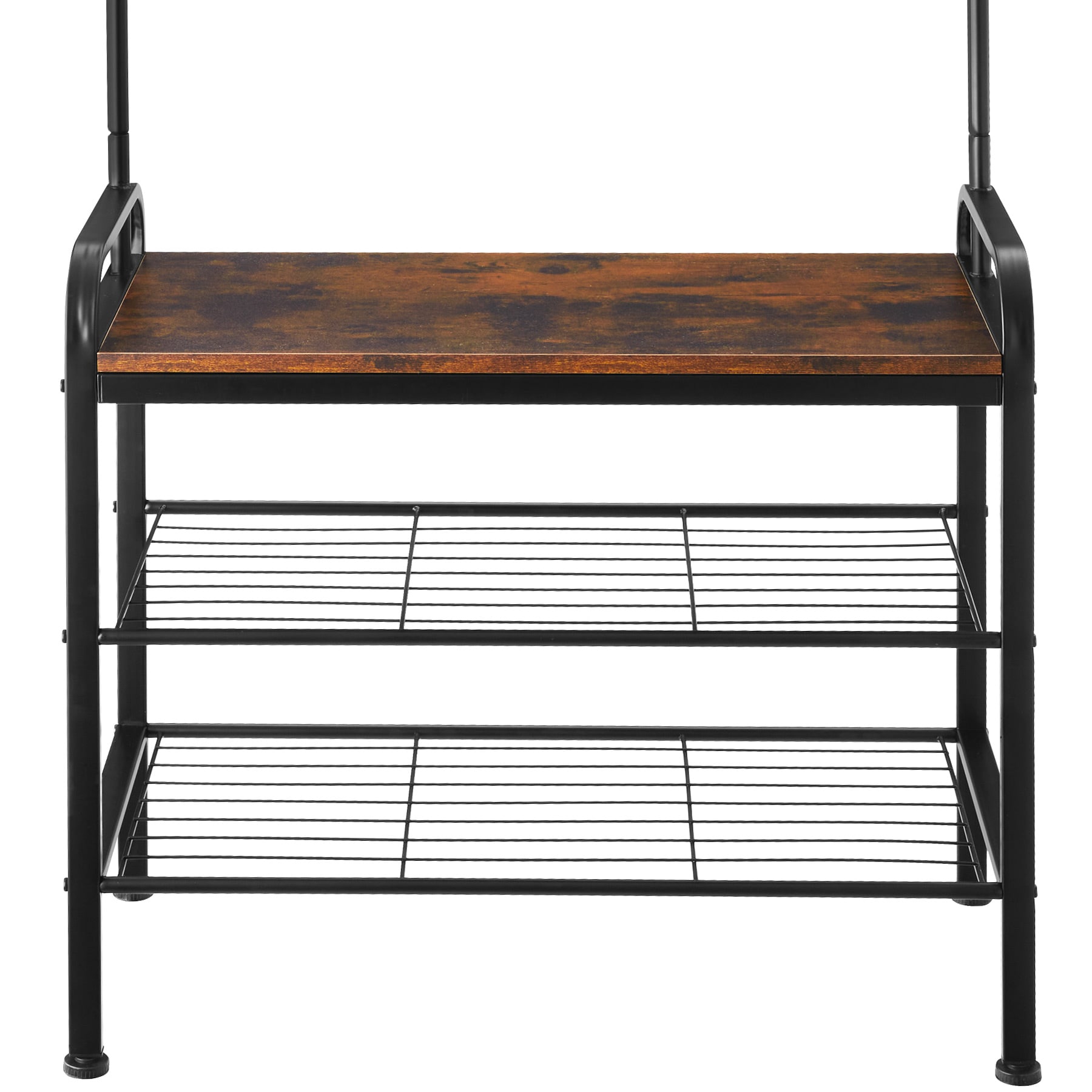 tectake® Garderobenständer, Industrial Style, mit Sitzfläche, 2 Gitterablagen und 9 abnehmbaren Haken, inklusive Kippschutz, 73,5 x 36 x 184 cm