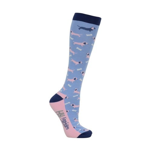 Pacote com 3 pares de meias de montaria nas cores azul, branca e rosa.