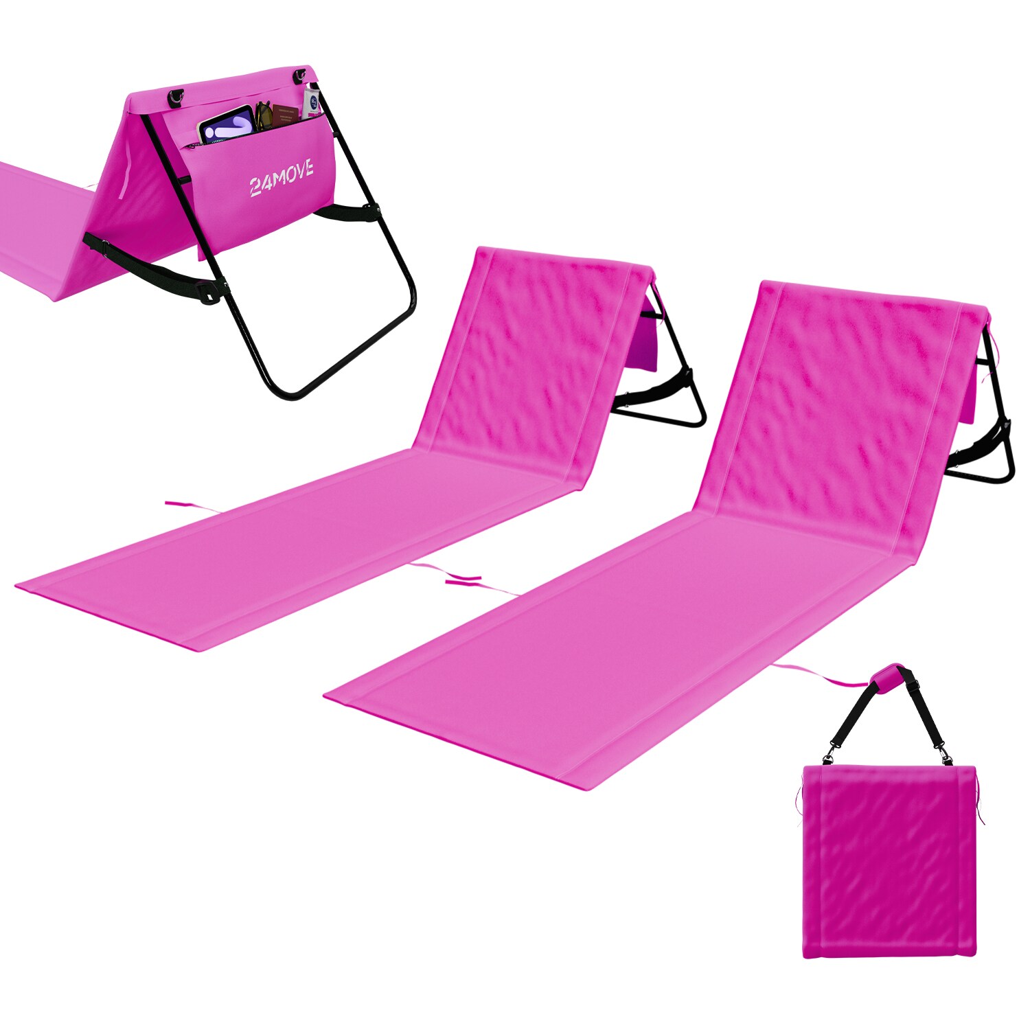 24MOVE® Strandmatte 2er Set klappbar mit Rückenlehne, Strandliege mit Gurt, tragbar für Strand und Garten, Liegematte rosa