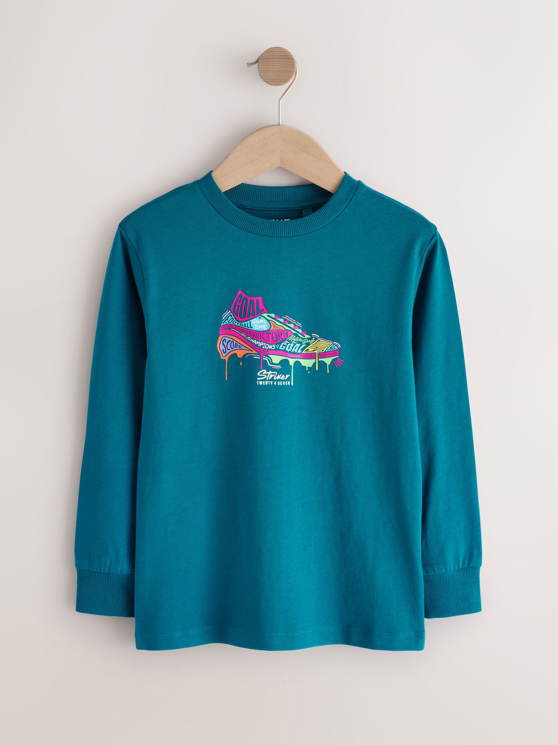 Blauw/Blauwgroen/Zwart Voetbal - 3 Relaxed Fit T-shirts met grafische print en lange mouwen (3-16jr)