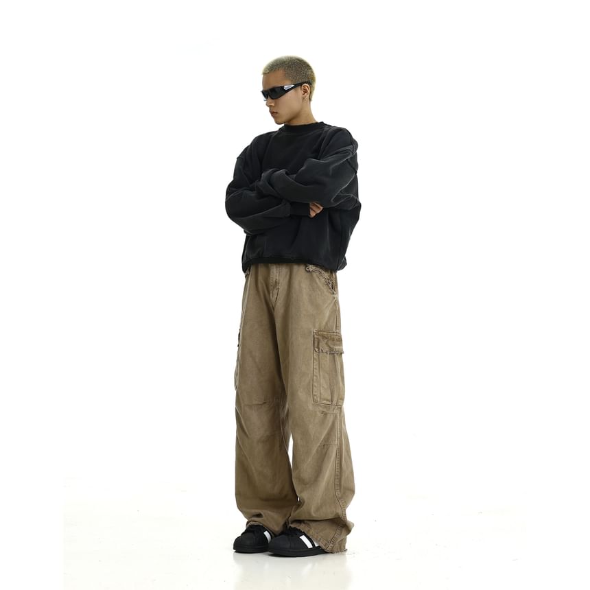 Meiksip - Mid Rise Plain Wide Leg Cargo Jeans