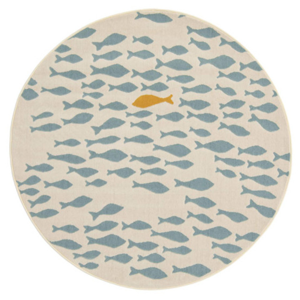 Tapis rond chambre d'enfant - petits poissons - beige et bleu clair - ø 120 cm