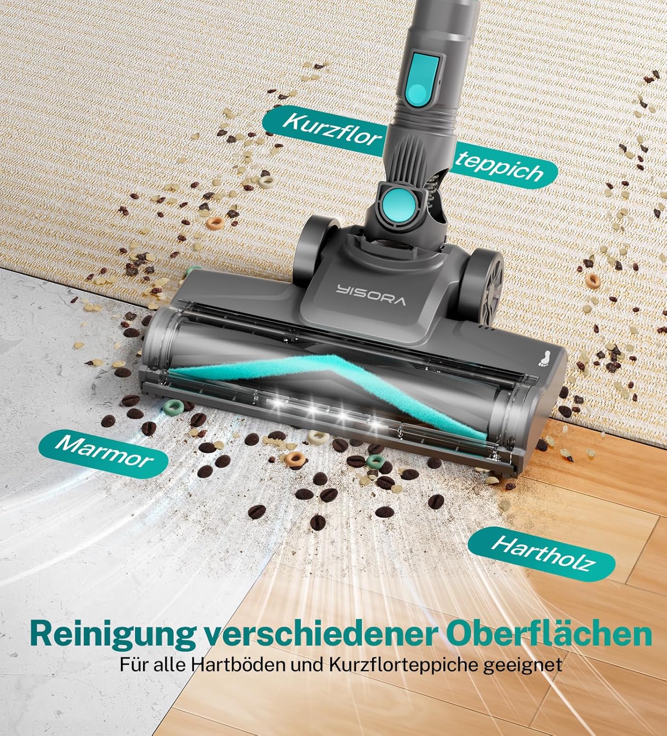 Akku Staubsauger, 28000Pa/175W/55Min Staubsauger Kabellos, Anti-Tangle-Bürste und Selbststehend, Ultraleichter Handstaubsauger akku vacuum cleaner Stielstaubsauger für Teppichen, Hartboden, Tierhaare
