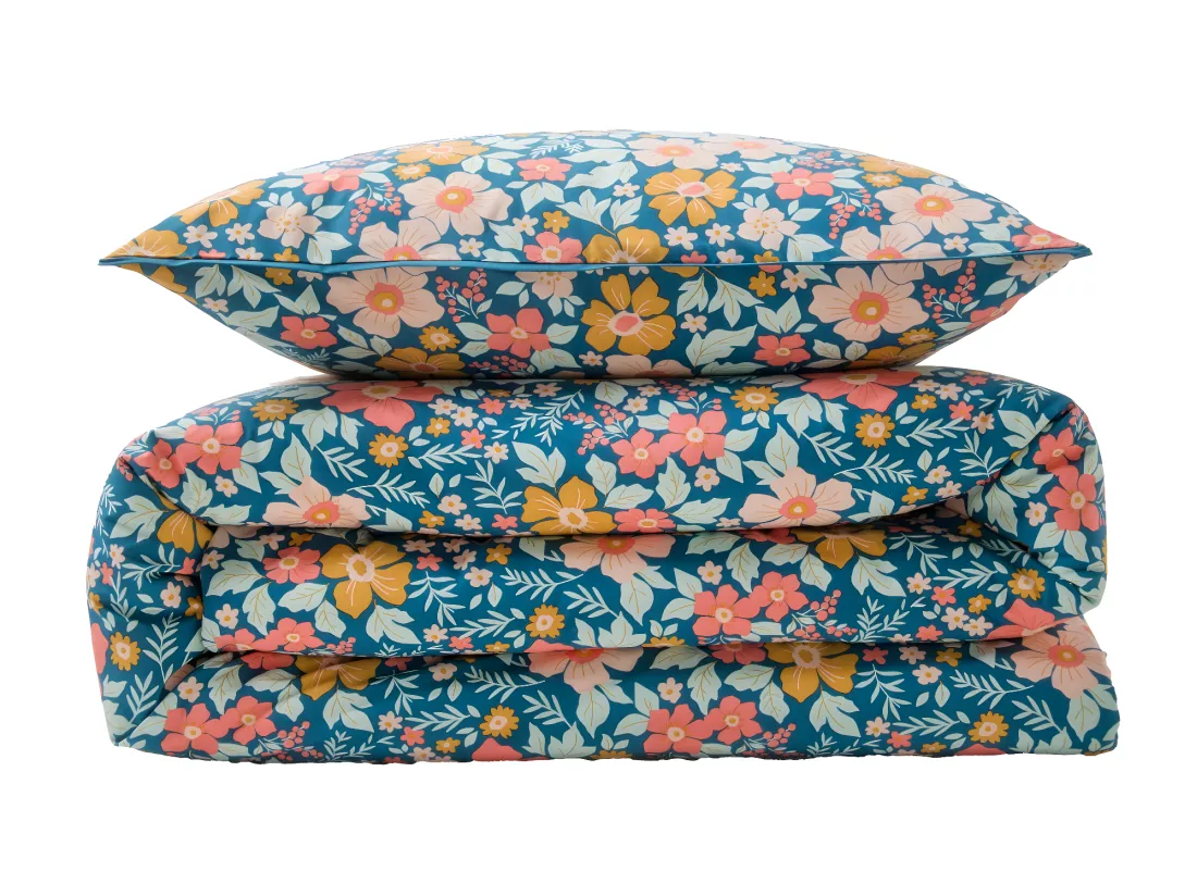 Parure de lit 2 personnes en coton 57 fils imprimé bleu 260x240cm