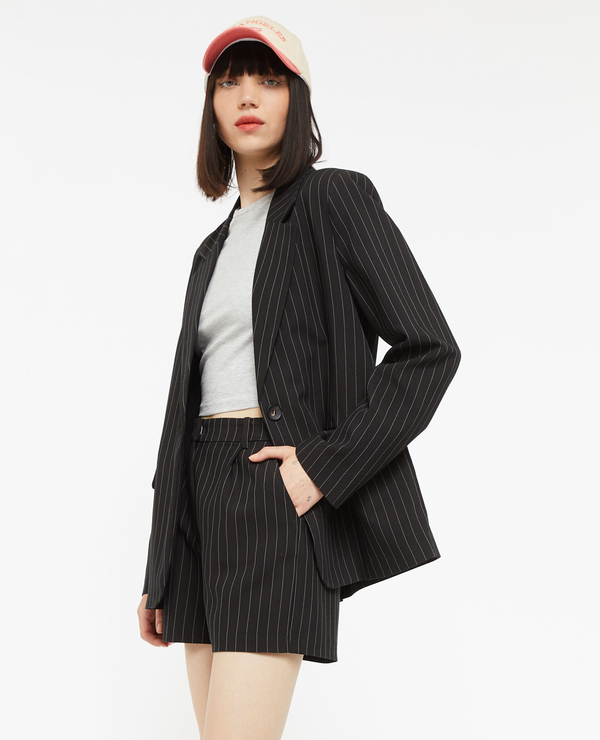 Veste blazer droite avec fines rayures - Noir