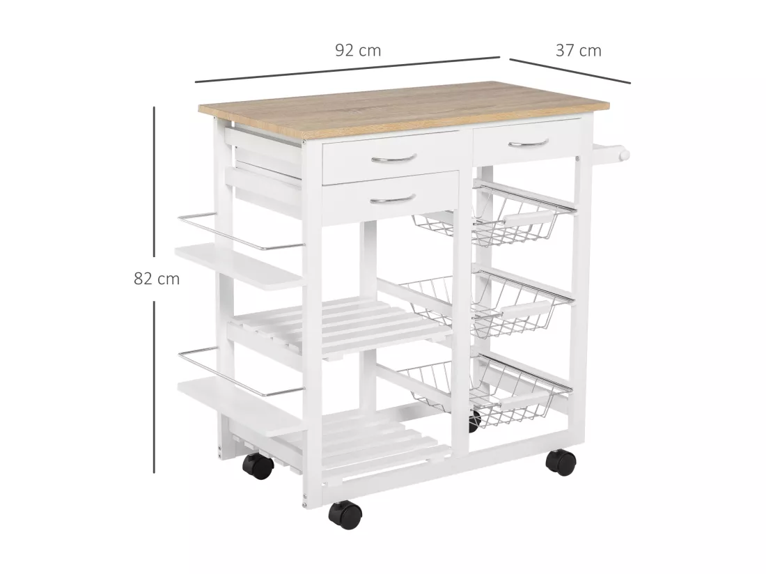 Chariot de service desserte de cuisine à roulettes multi-rangements 92L x 37l x 82H cm MDF imitation chêne clair pin blanc