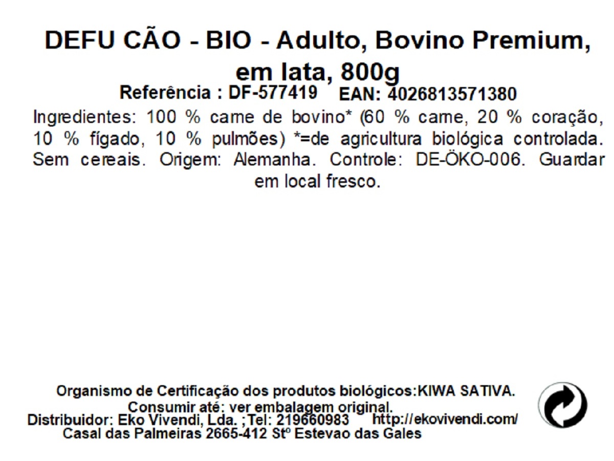 COMIDA HÚMIDA BIO CÃO DEFU BOVINO PREMIUM 800G