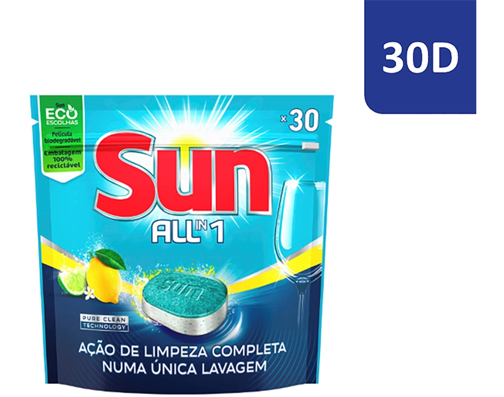 DETERGENTE SUN MÁQUINA LOIÇA ALL-ONE LIMÃO DOY PACK 30 PASTILHAS