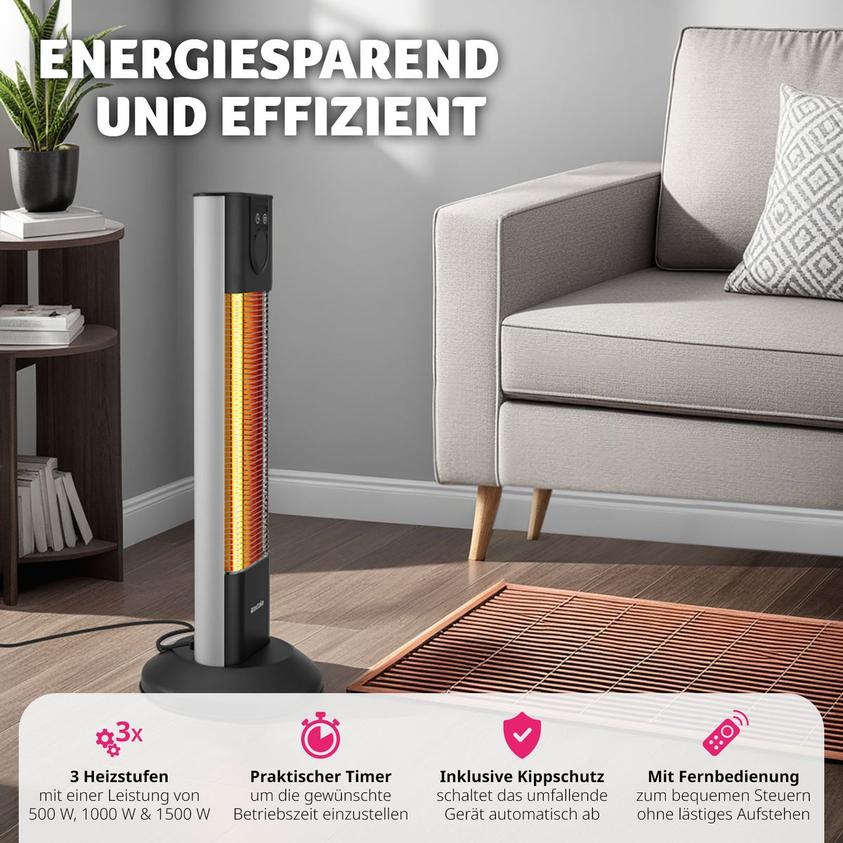 tectake Solaris Terra infraroodstraler, 3 vermogensniveaus 500, 1000 en 1500 W, 29 x 29 x 76,5 cm