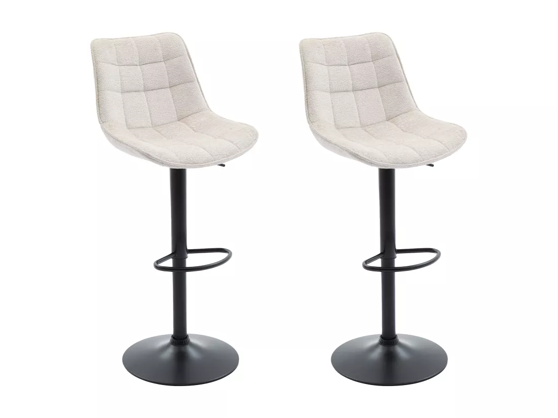 Lot de 2 tabourets de bar en tissu bouclette et métal noir - Hauteur réglable - Blanc - LIMA II