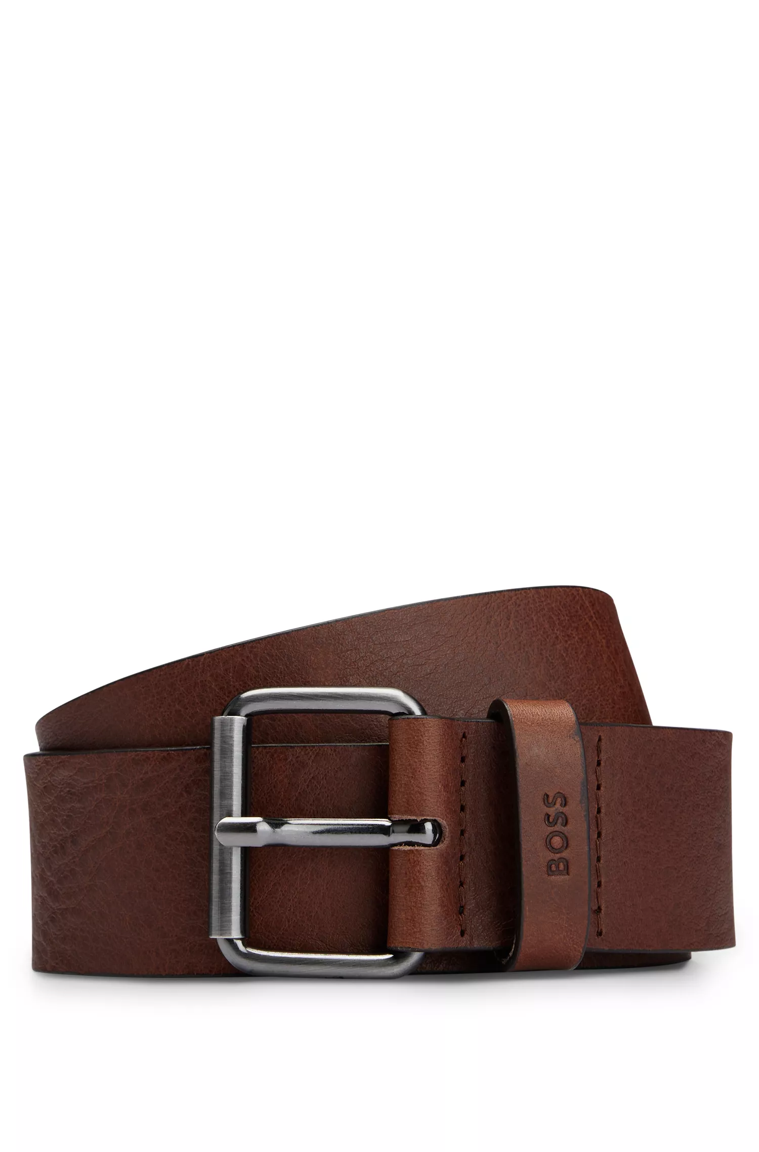 Cinto BOSS em couro italiano preto com detalhes em tom de chumbo.