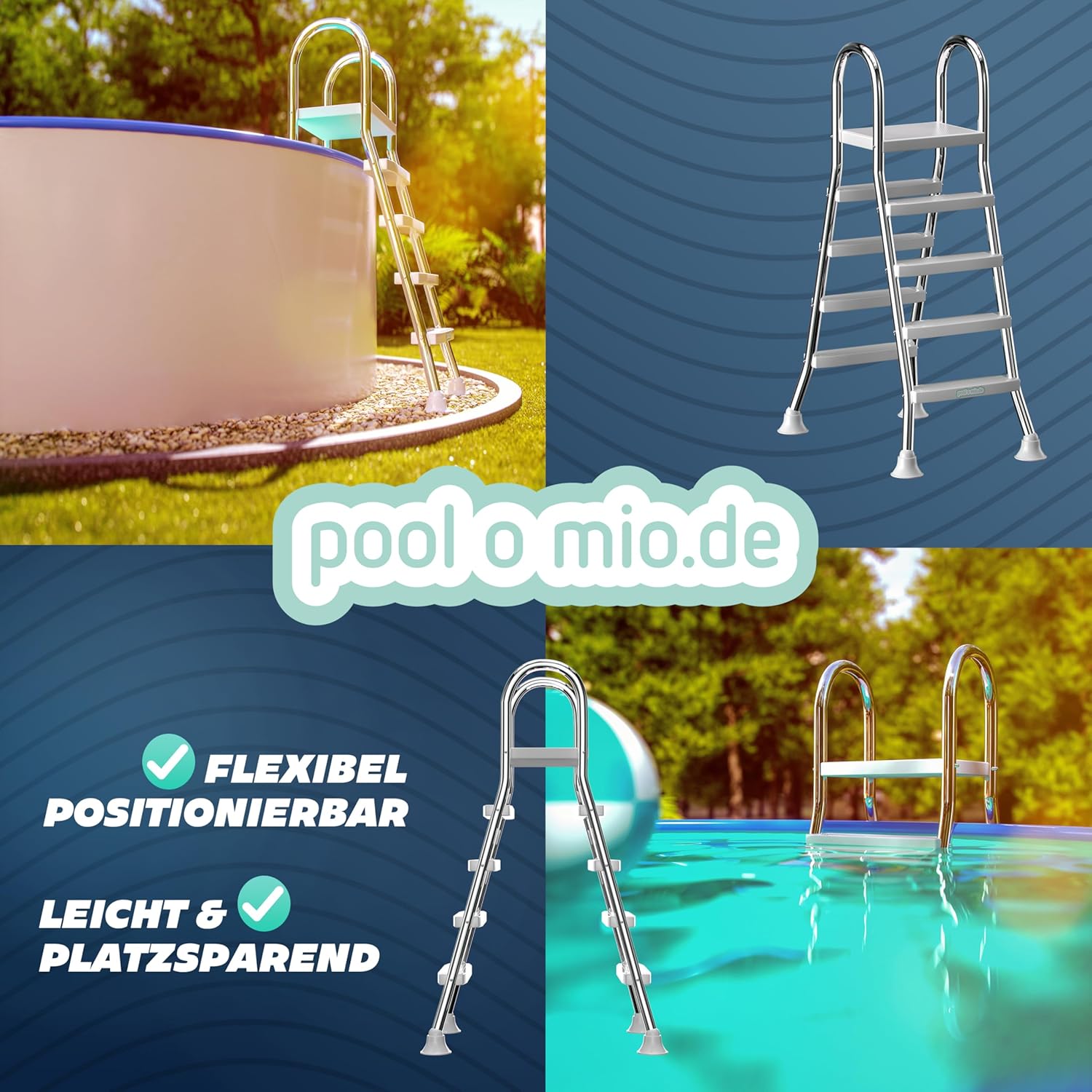 poolomio® Poolleiter Edelstahl mit Handlauf bis 132 cm | Einstiegsleiter mit 4 Stufen für Aufstellpools bis 1,32 m Höhe | sicherer Einstieg, langlebig, stabil | Sicherheitsleiter Traglast 150 kg