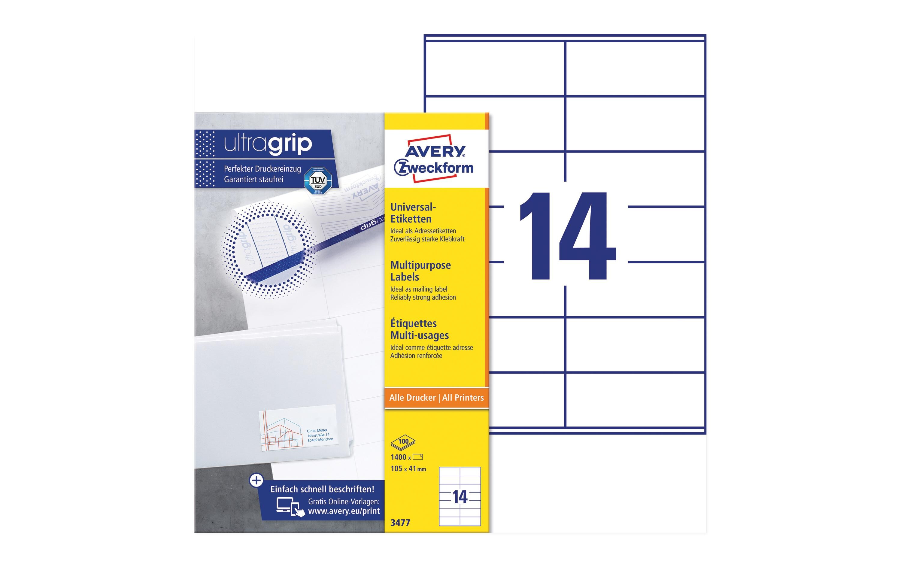 Universal-Etiketten 3477 105 x 41 mm, 100 BlattWeisse Aufkleber, permanent haftend