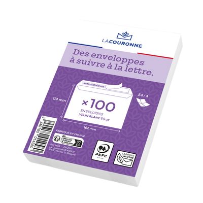La Couronne - 100 Enveloppes C6 114 x 162 mm - 80 gr - sans fenêtre - blanc - bande auto-adhésive