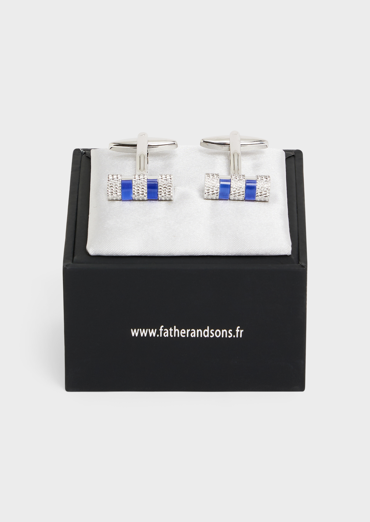 Boutons de manchettes cylindres argent avec inserts en émail bleu cobalt