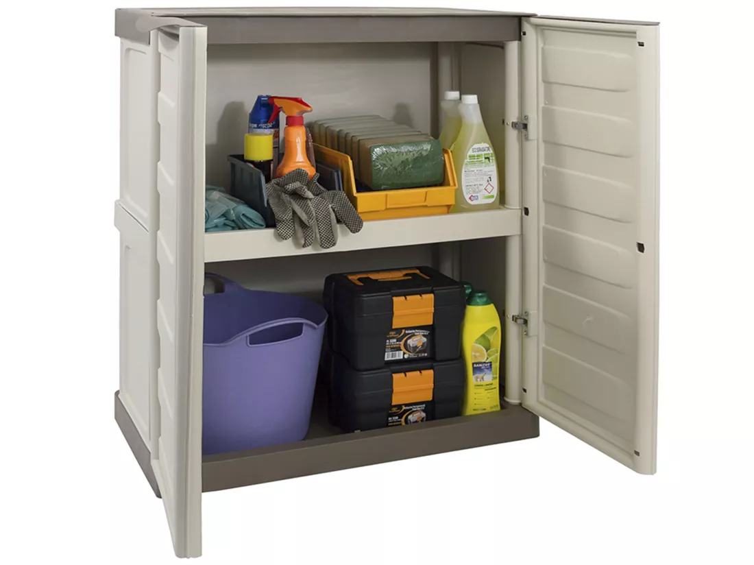 Armoire mi-hauteur en polypropylène, coloris ivoire et taupe, l 700 x p 390 x h 855 mm.