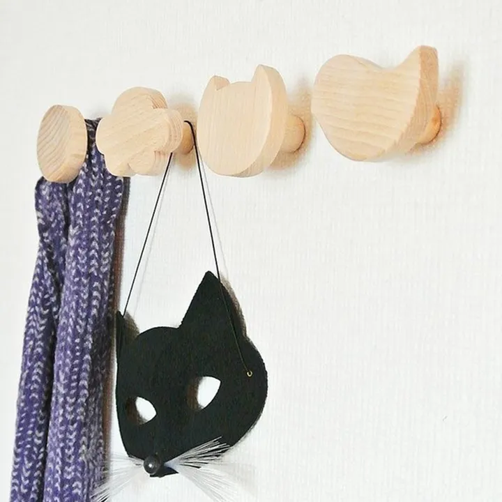 Briki Vroom Vroom Patères nuage, rond, chat, oiseau en bois - Lot de 4