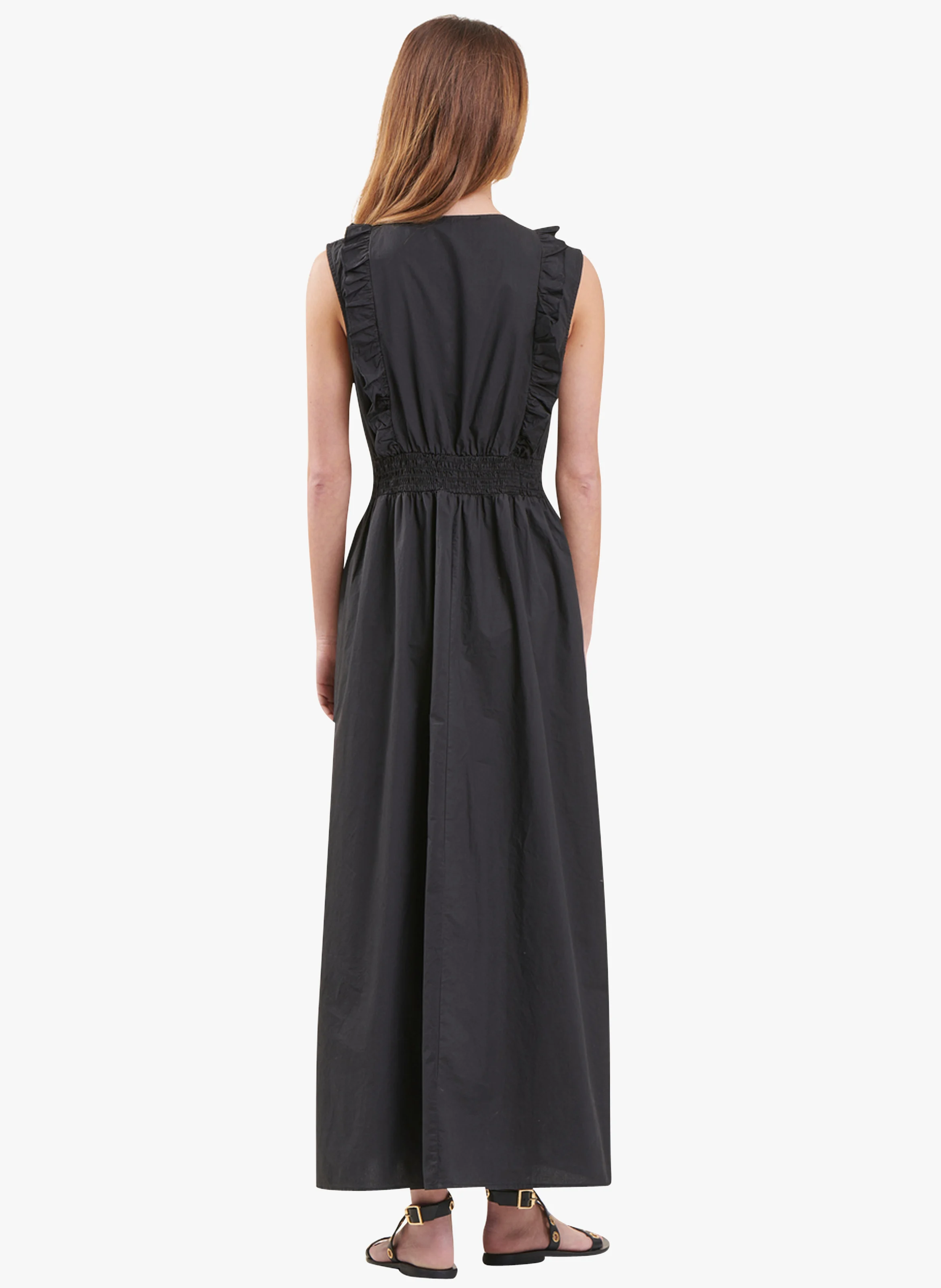 Robe longue droite col V en coton | Noir