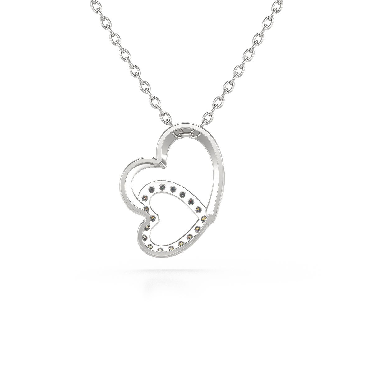 Collier Pendentif ADEN Double Coeur Or 585 Blanc Diamant Chaine Or incluse 1.09grs