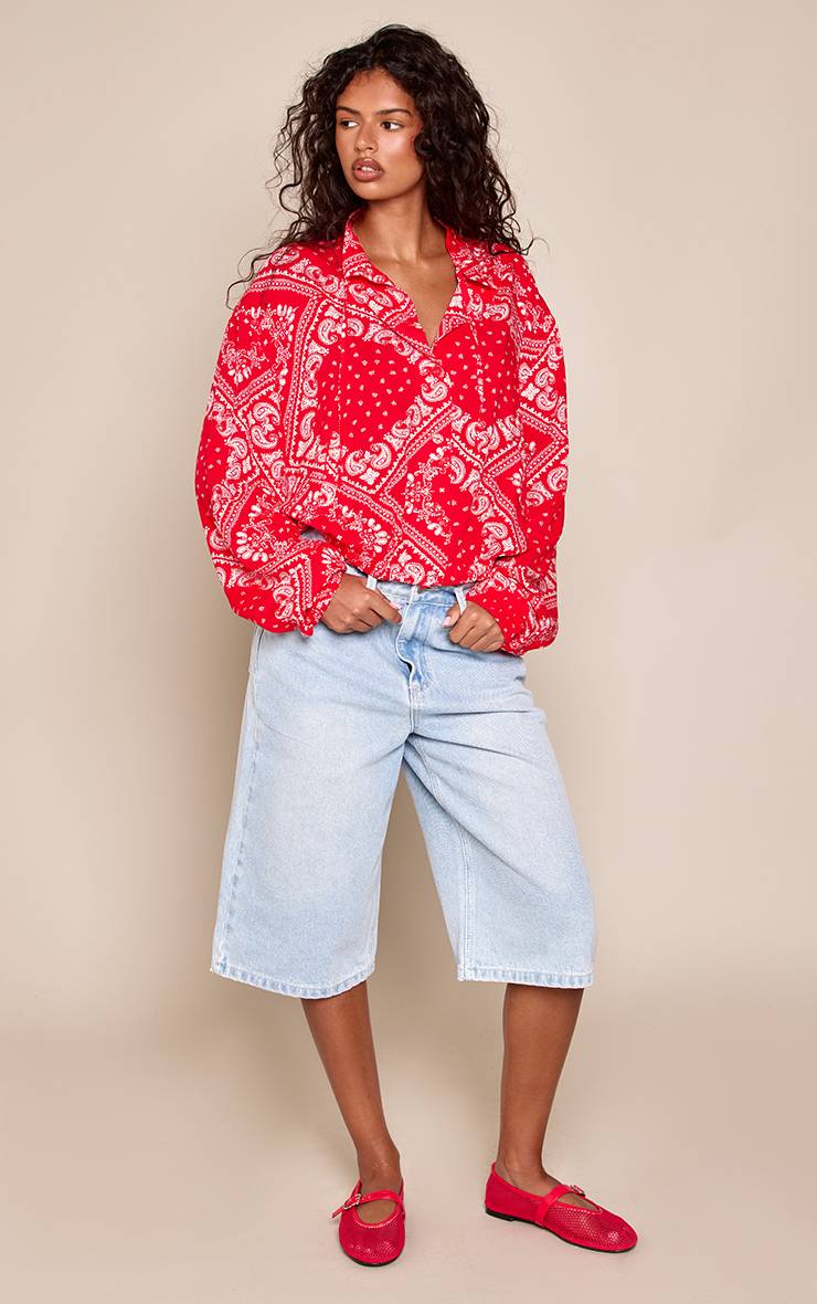 Rouge Chemise À Manches Longues Col Montant Avec Détail Nœud Motif Cachemire