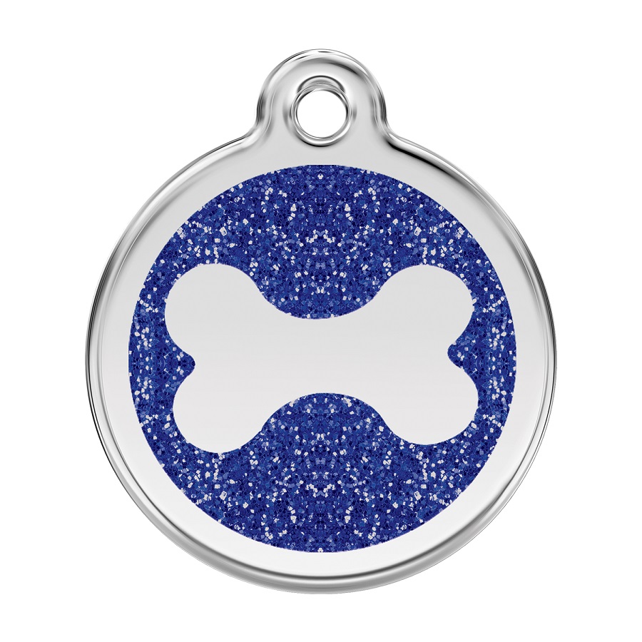 Etiqueta de identificação azul em formato de osso com glitter para cães.