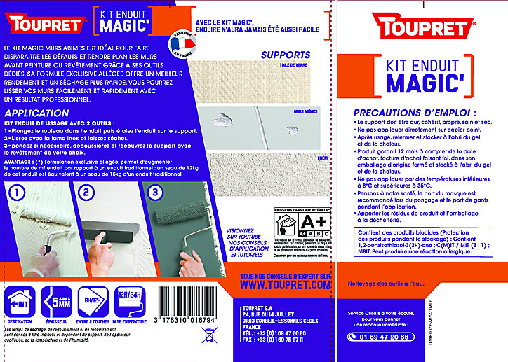 Recharge enduit magic' de lissage pour murs dégradés Toupret 12kg