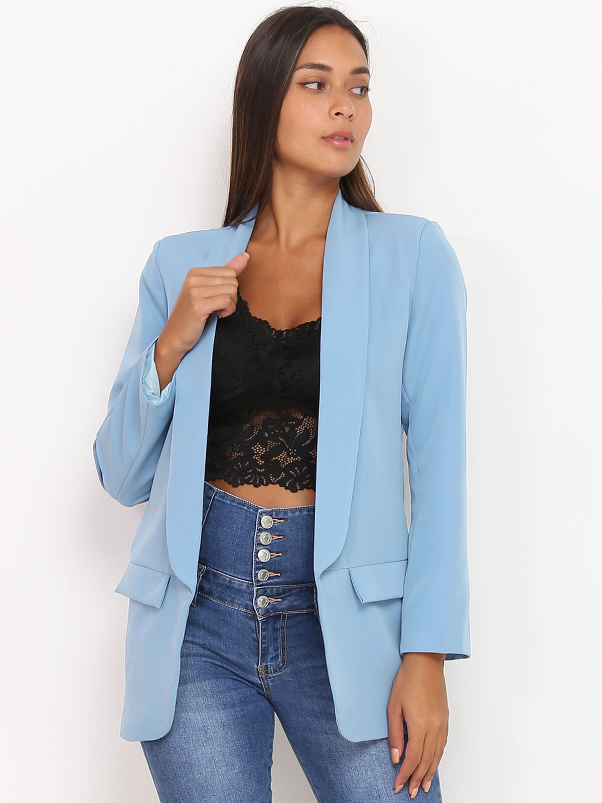 Veste blazer à manches retroussées- Bleu ciel