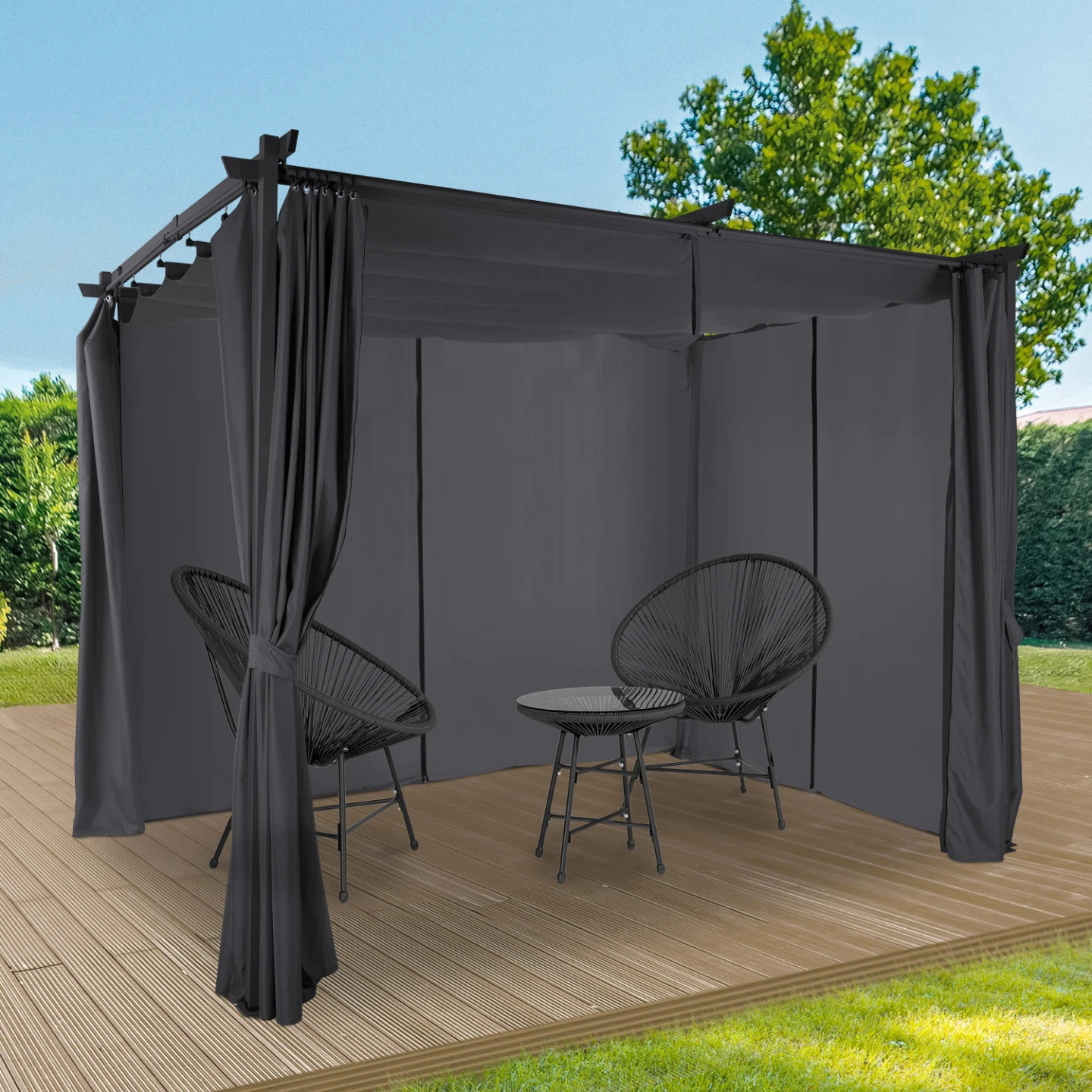 Pergola édition limitée toit rétractable 3x3 M et 4 rideaux gris anthracite