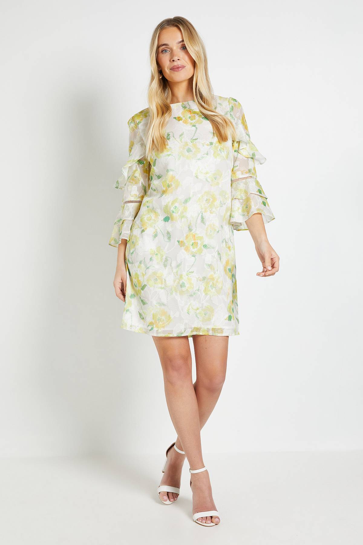 Wallis Robe Droite À Volants Petite Taille Motif Floral Dévoré