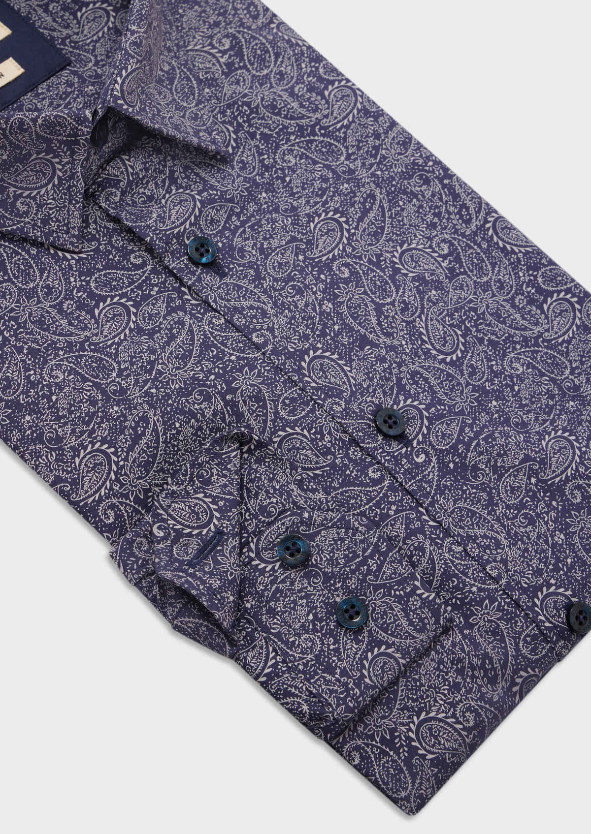 Chemise sport Slim en popeline de coton bleu nuit à motif cachemire blanc