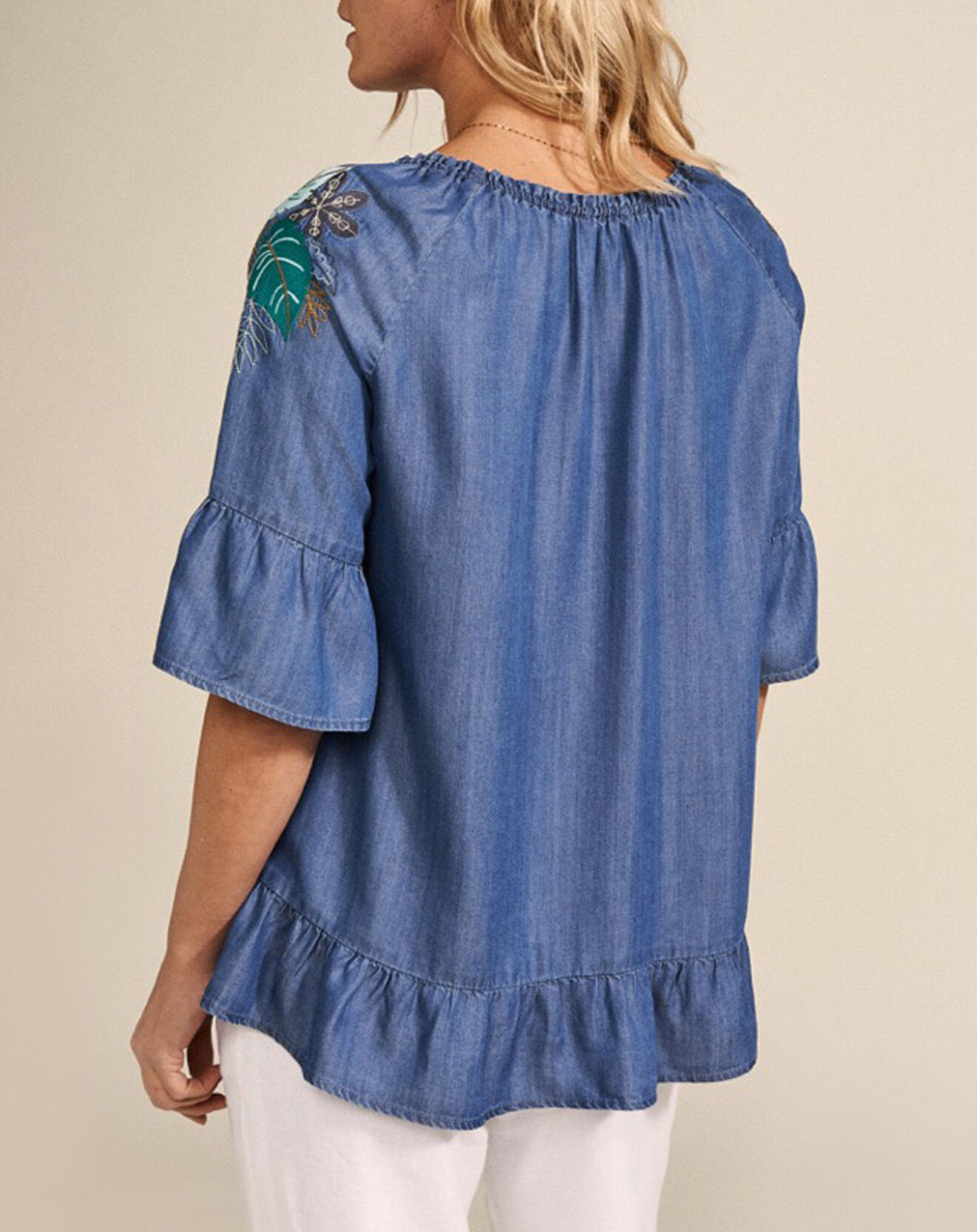 Devernois Blouse Carolane à volant bleu jean