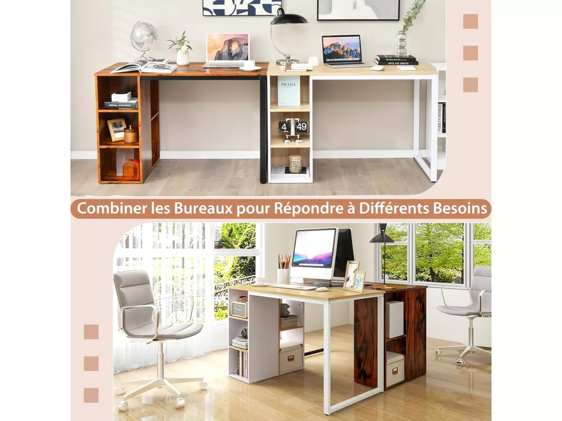 Bureau d'Ordinateur avec Bibliothèque, Bureau Informatique avec 5 Compartiments, Cadre en Métal, Table d'Ordinateur pour Bureau, Chambre, Studio, 115 x 59,5 x 75 cm (Marron Rustique)