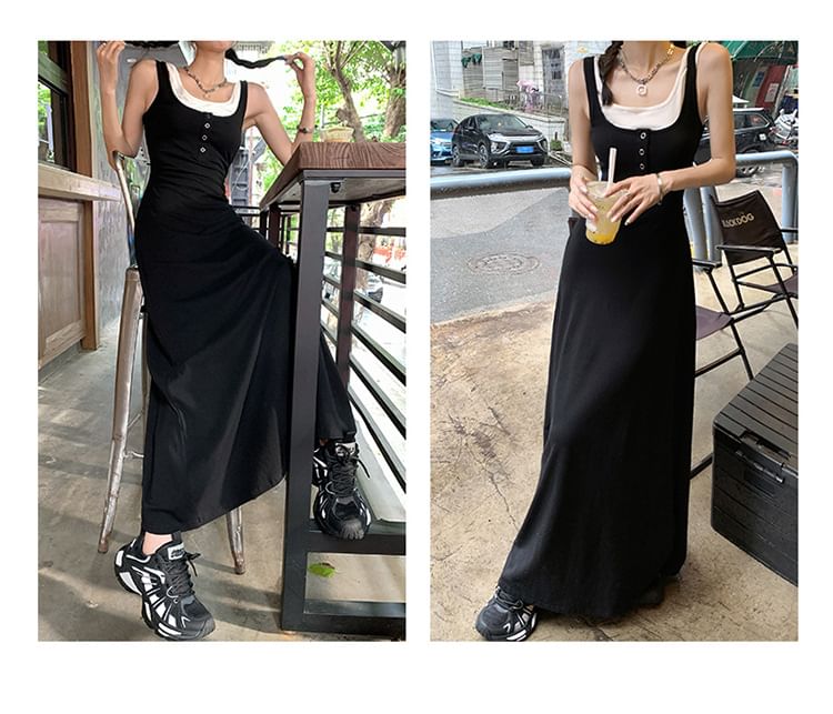 Litoya - Henley Two Tone Mock Two-Piece Maxi Tank Dress