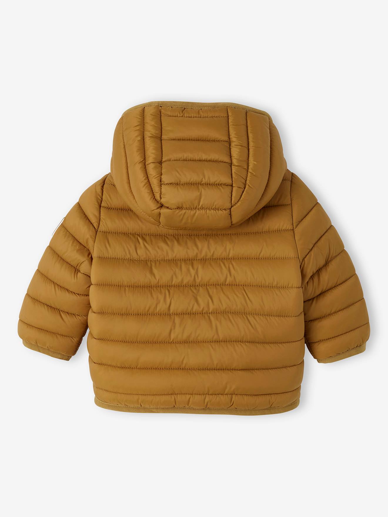 Jaqueta acolchoada leve com capuz para bebê, cor terracota.