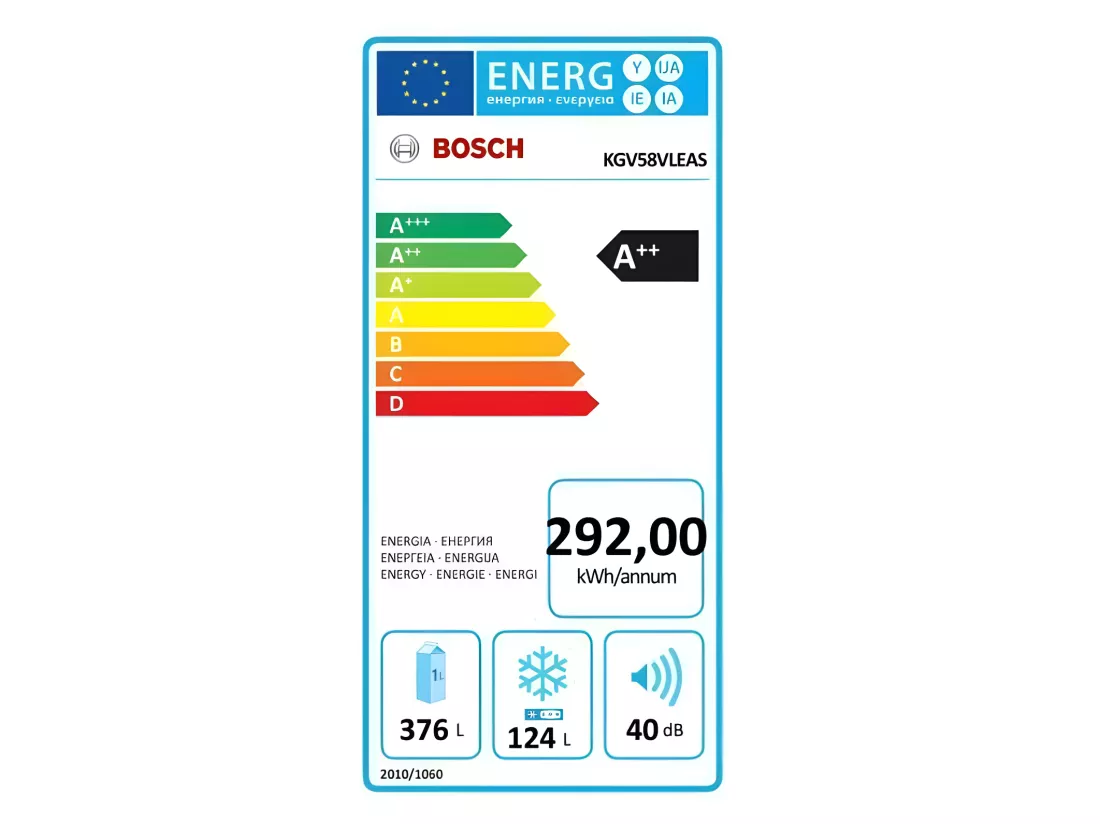 Réfrigérateurs combinés 376L Froid Brassé BOSCH 70cm E, KGV58VLEAS