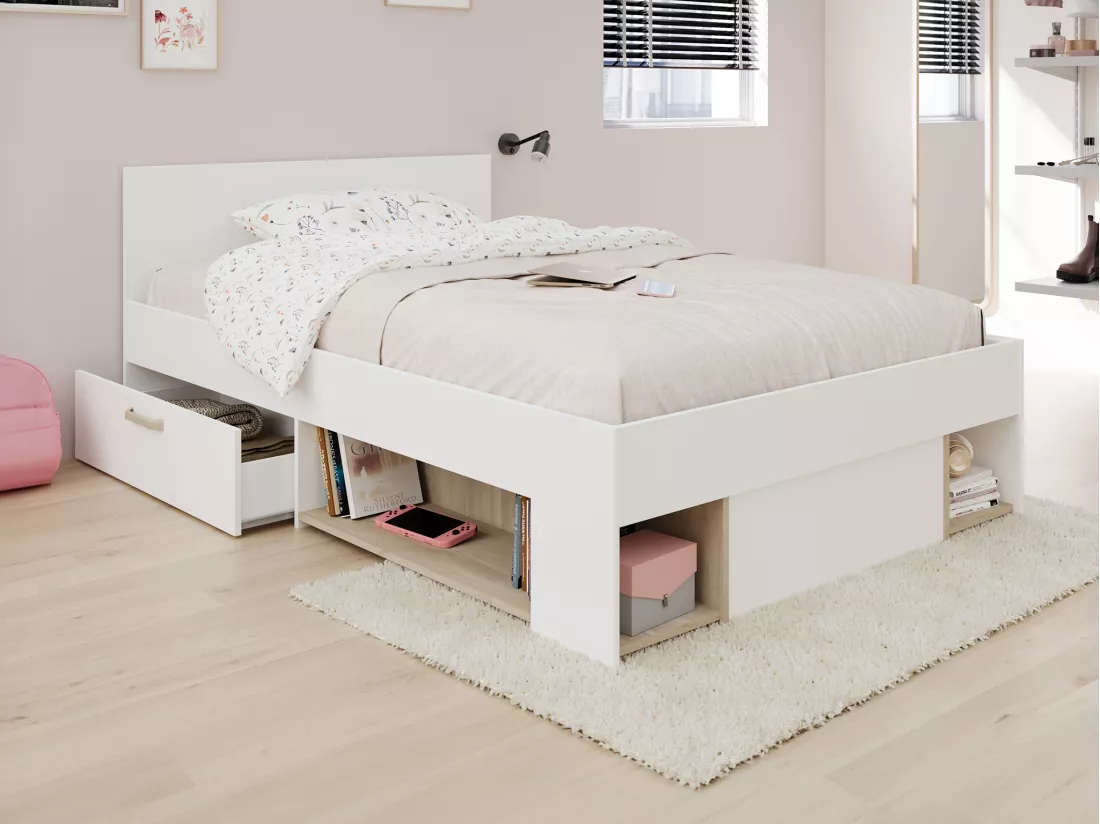 Lit 120 x 190/200 cm avec rangements - Blanc et naturel - KINSELIA