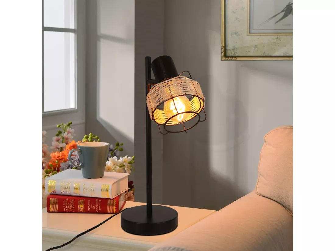 NETTLIFE lampe de table lampe de chevet vintage lampe rétro salon noir en rotin métal E27