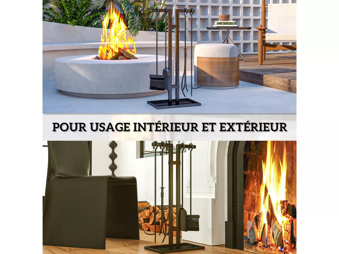 Serviteur de cheminée moderne 5 pièces - balai, pelle, pince, tisonnier, support - métal noir