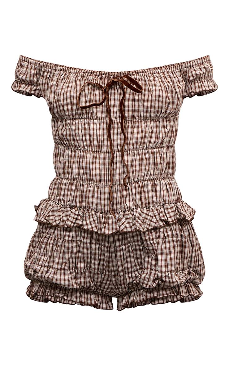 Chocolat Combi-short Vichy À Volants Et Épaules Dénudées