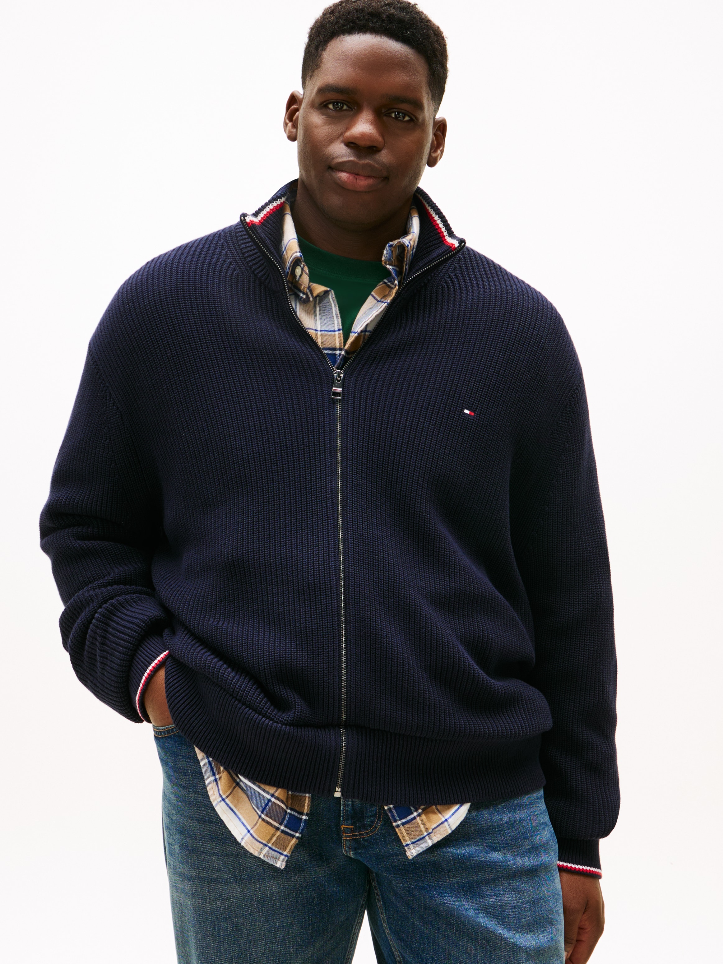 Tommy Hilfiger Big & Tall Strickjacke »BT-RWB RIB ZIP THROUGHB«, Grosse Grössen, aus Rippstrick, mit Stehkragen