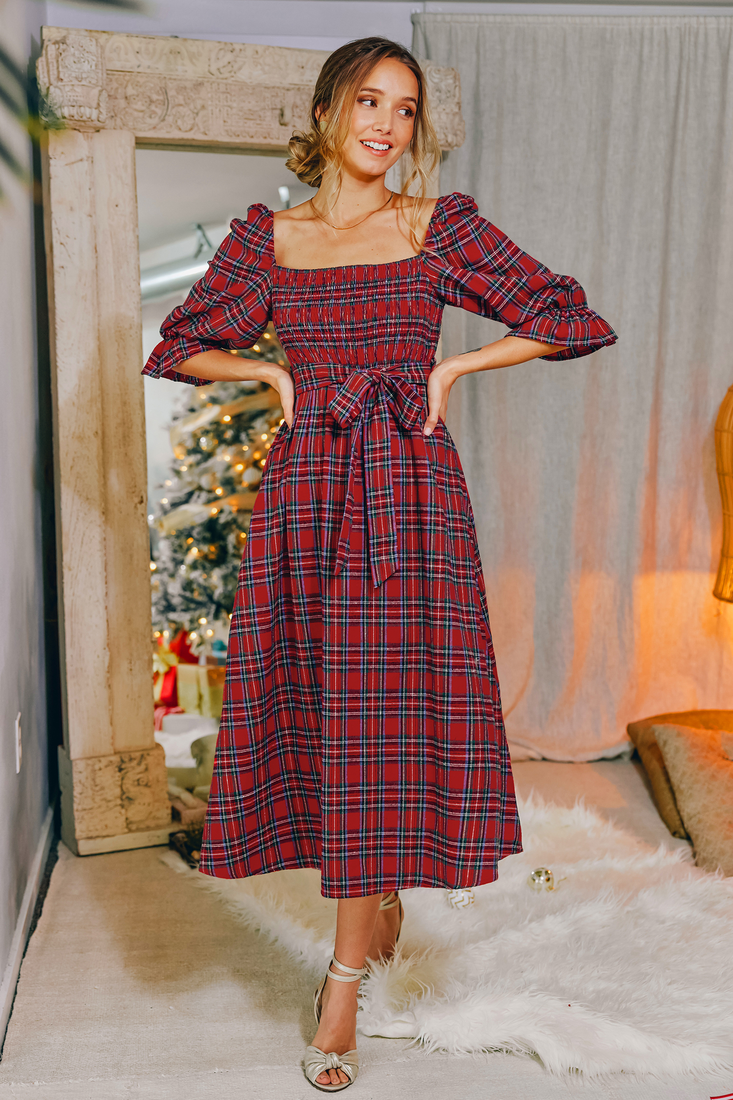 Robe maxi ceinturée à carreaux tartan