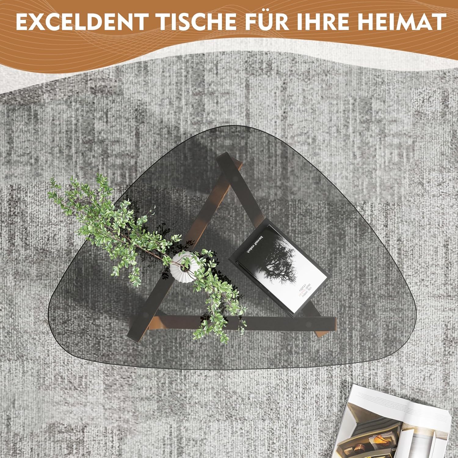 TWSOUL Dreieckiger Couchtisch aus Glas, Modern Wohnzimmertisch, Durchsichtig Couchtisch mit Holz Base, Ausgefallene Kaffeetisch für Wohnzimmer (Grauschwarz)