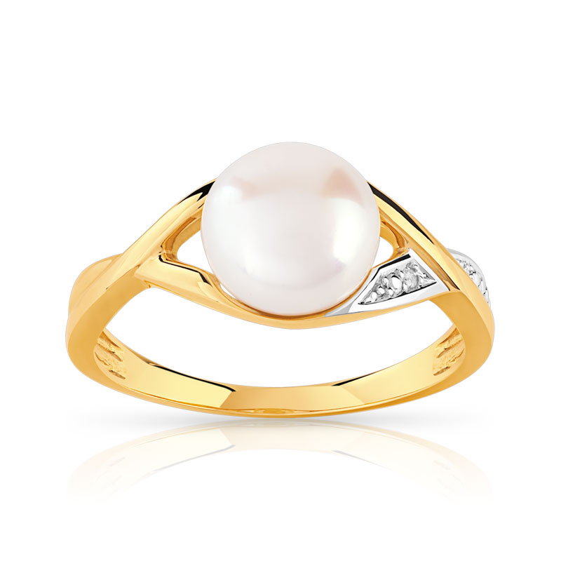 Bague or 375 2 tons perle de culture de Chine et diamants