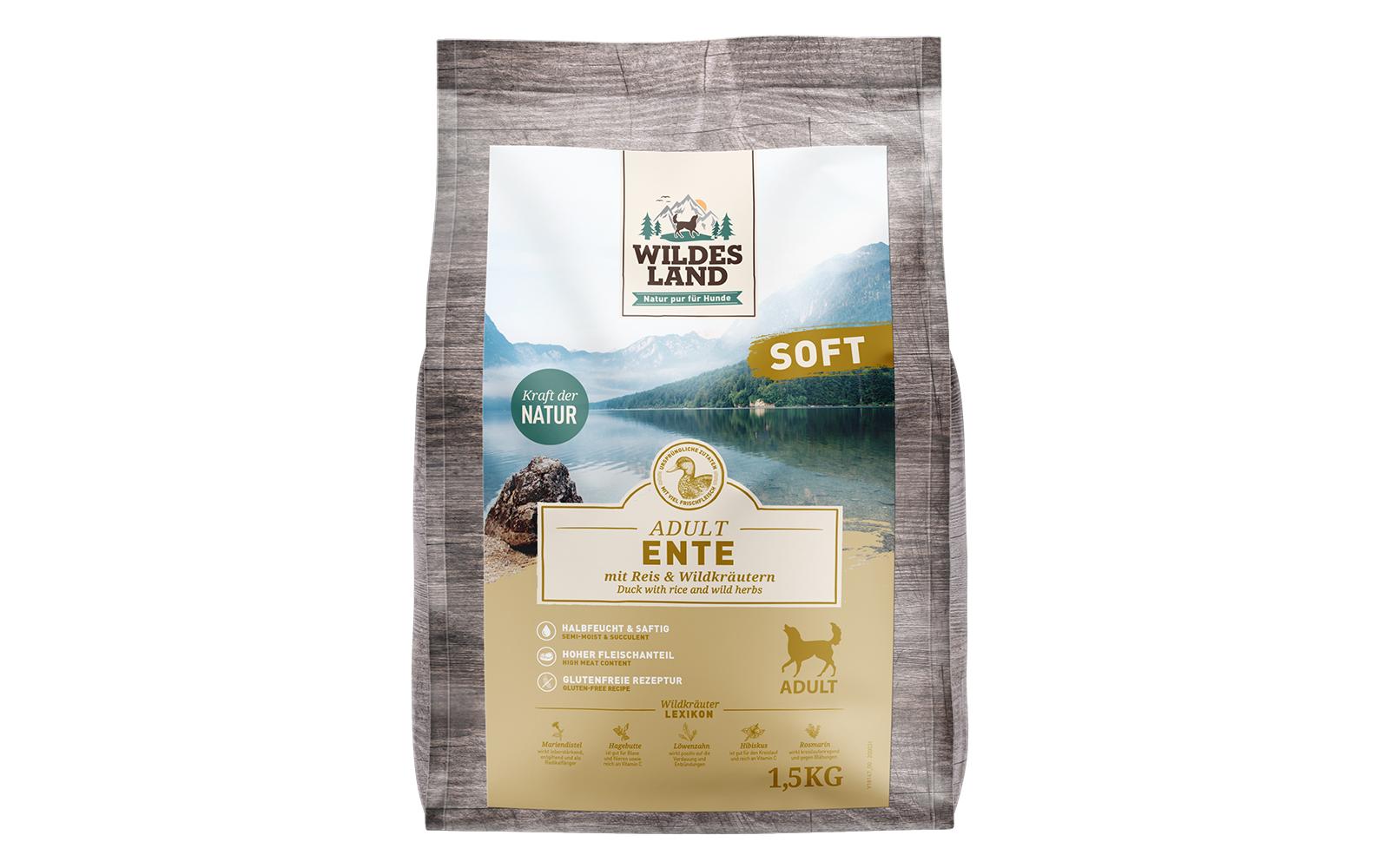Halbfeuchtfutter Ente mit Reis & Wildkräutern 1.5 kgAlleinfutter aus Entenfleisch mit Reis & Wildkräutern