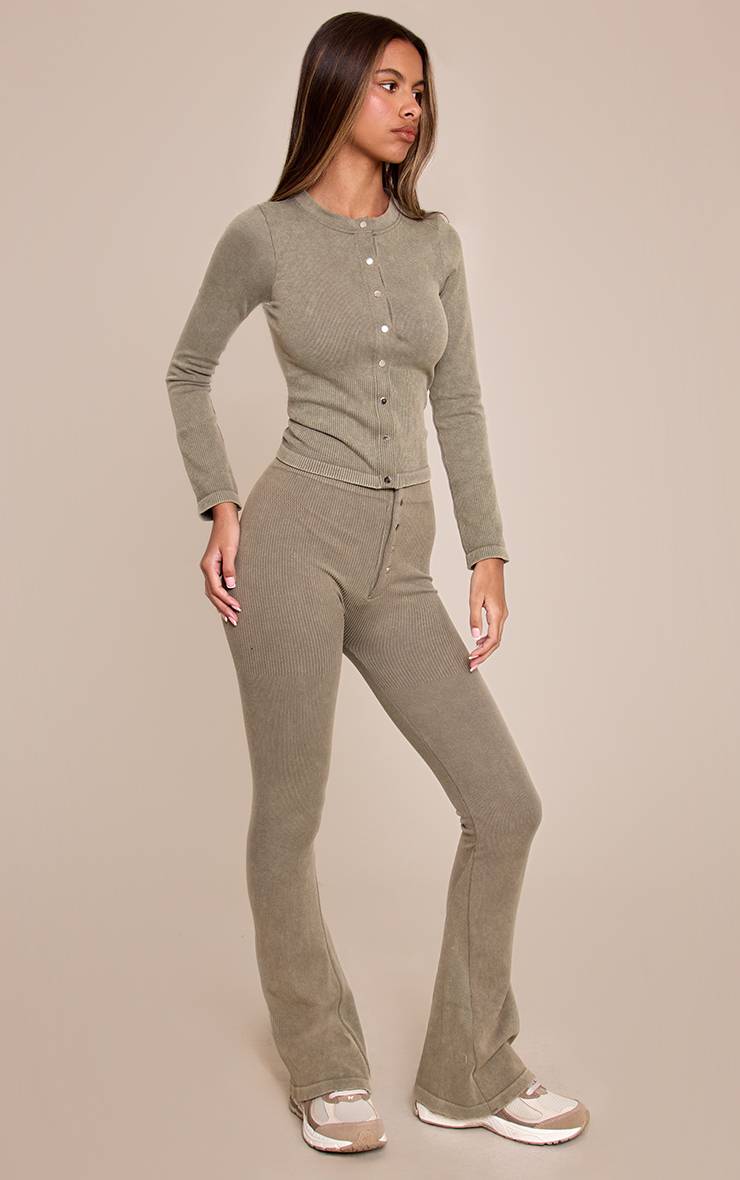 Vert Olive Legging Évasé Côtelé Ajusté À Détails Boutons Petite